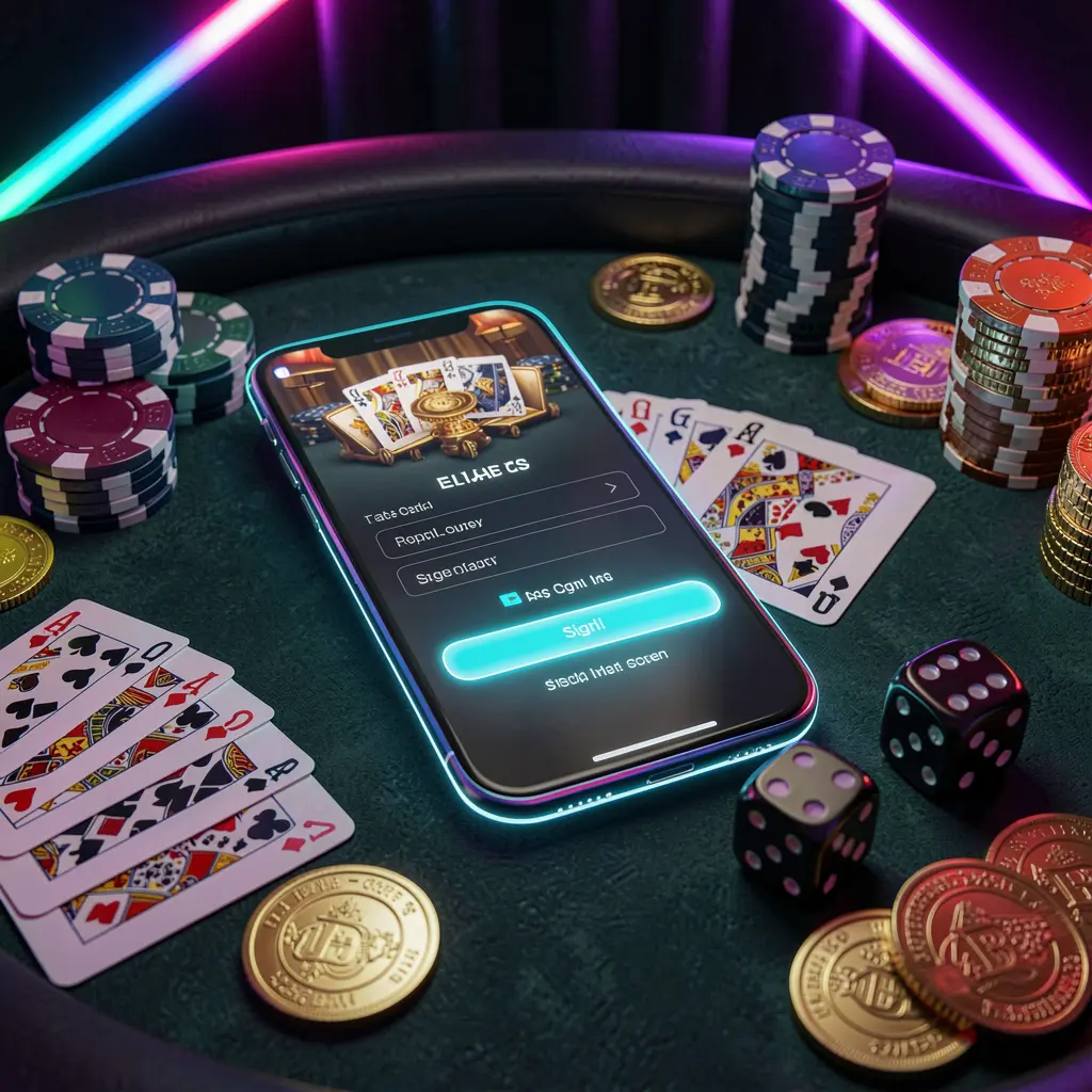 XX71 casino account sign in scene with glowing smartphone on casino table surrounded by cards, chips, dice, and gold coins against an elegant dark background with neon highlights